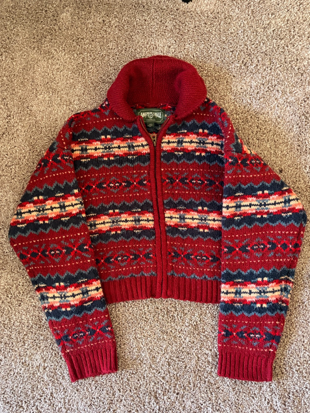 American Eagle Outfitters Red Fair Isle Zip Cardigan Sweater